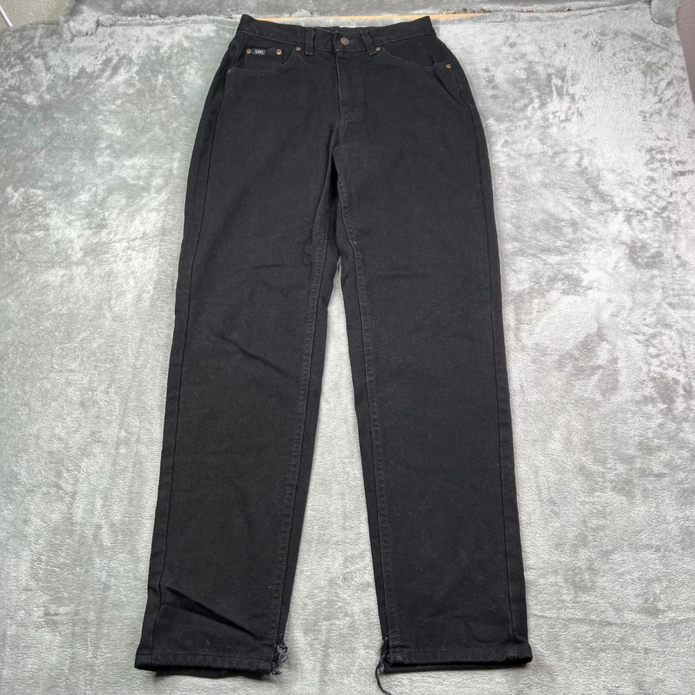 Lee High Rise Straight Leg Jeans Womens 12 Long Black Solid Denim Made in USA - Picture 2 of 15
